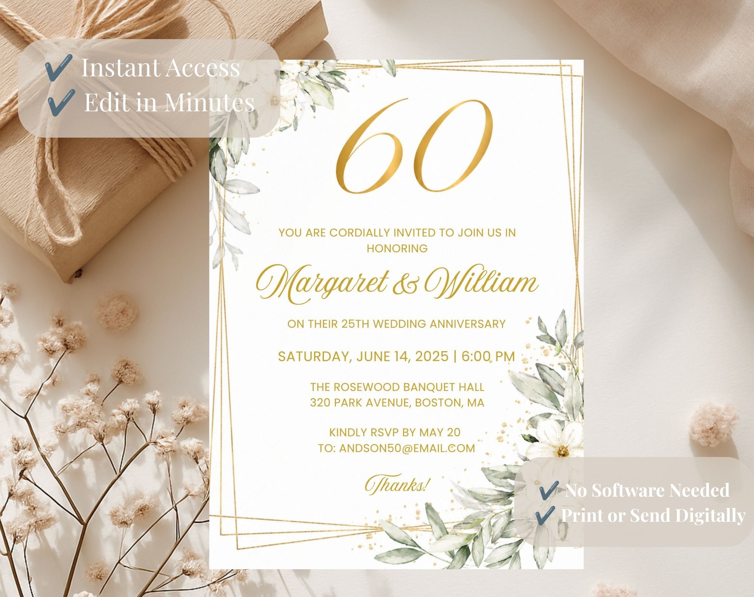 White Gold Floral 60th Wedding Anniversary Invitation