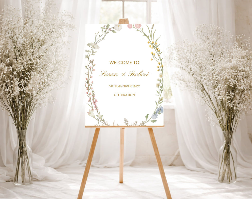White Floral 50th Anniversary Welcome Sign