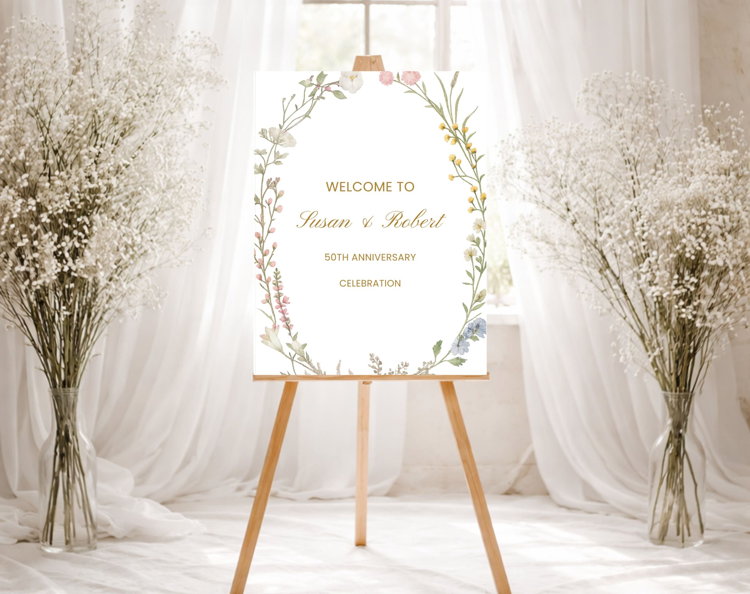 White Floral 50th Anniversary Welcome Sign