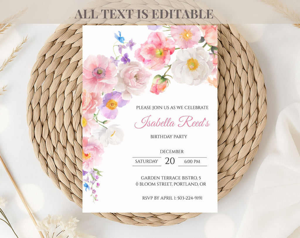 Elegant Pink Flower Floral Birthday Invitation