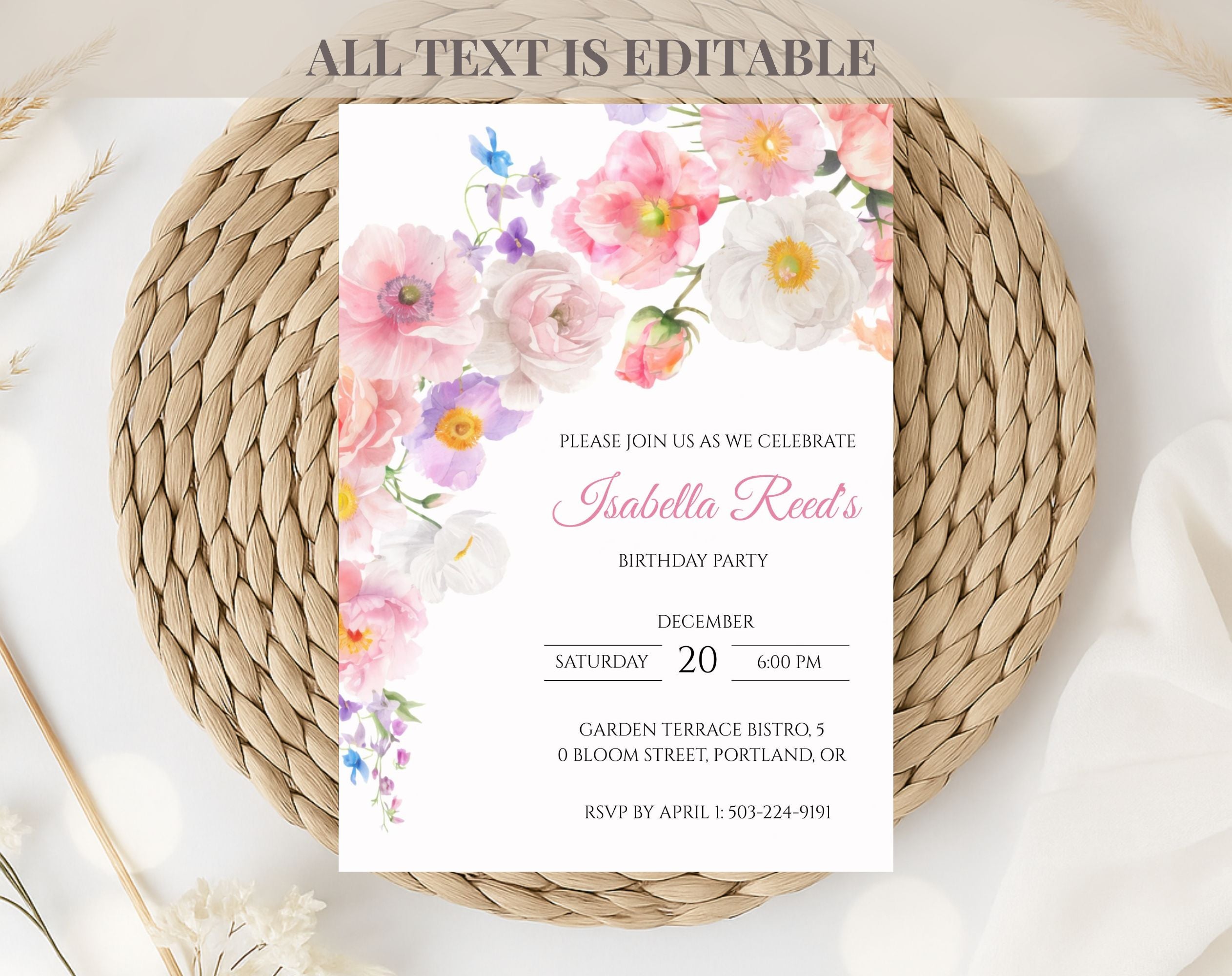 Elegant Pink Flower Floral Birthday Invitation