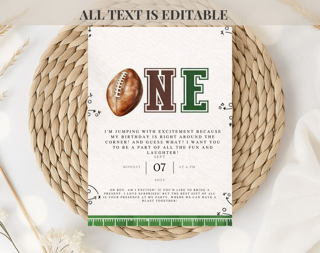 Green and Brown Football First Birthday Invitation