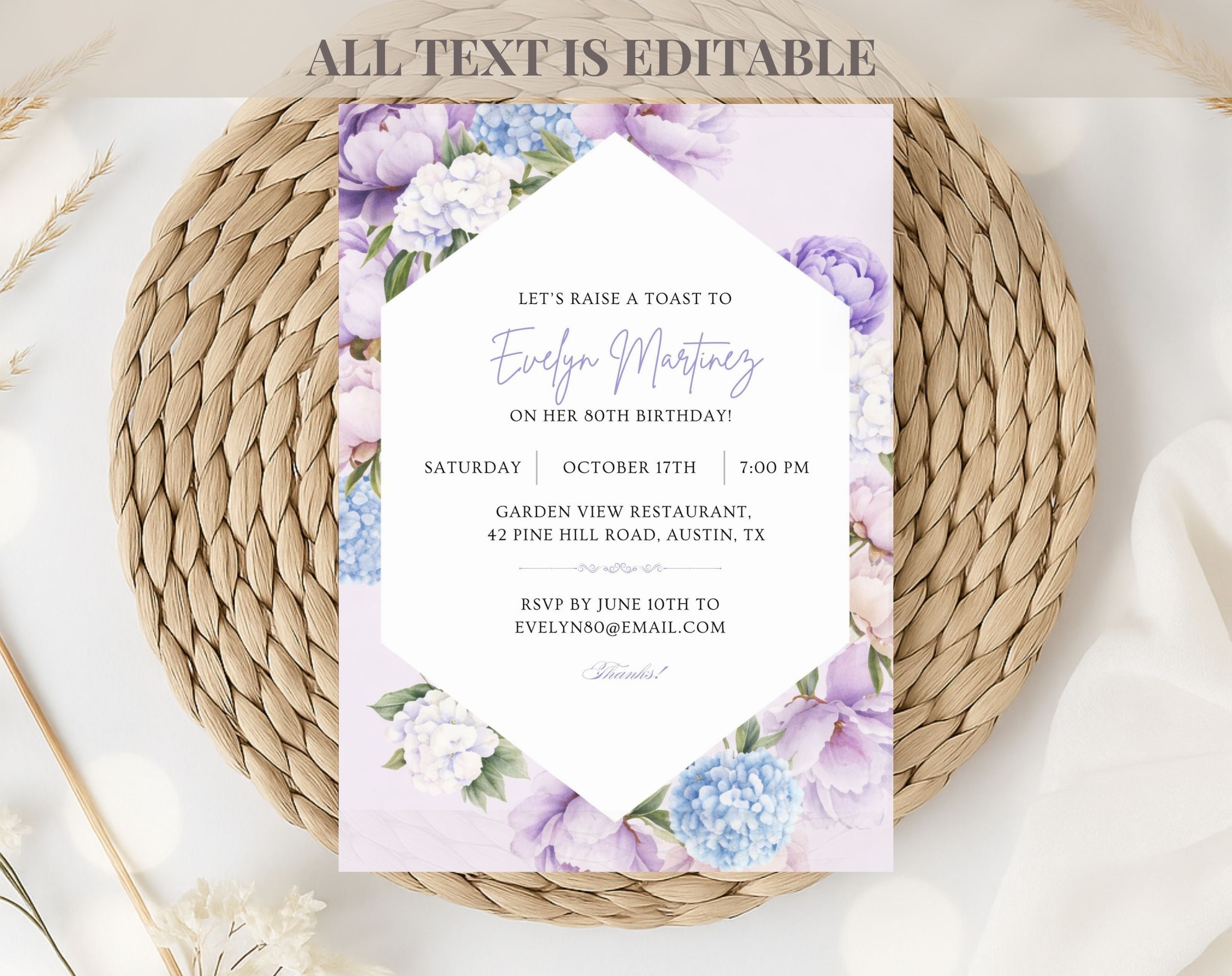 Elegant Purple Floral 80th Birthday Invitation