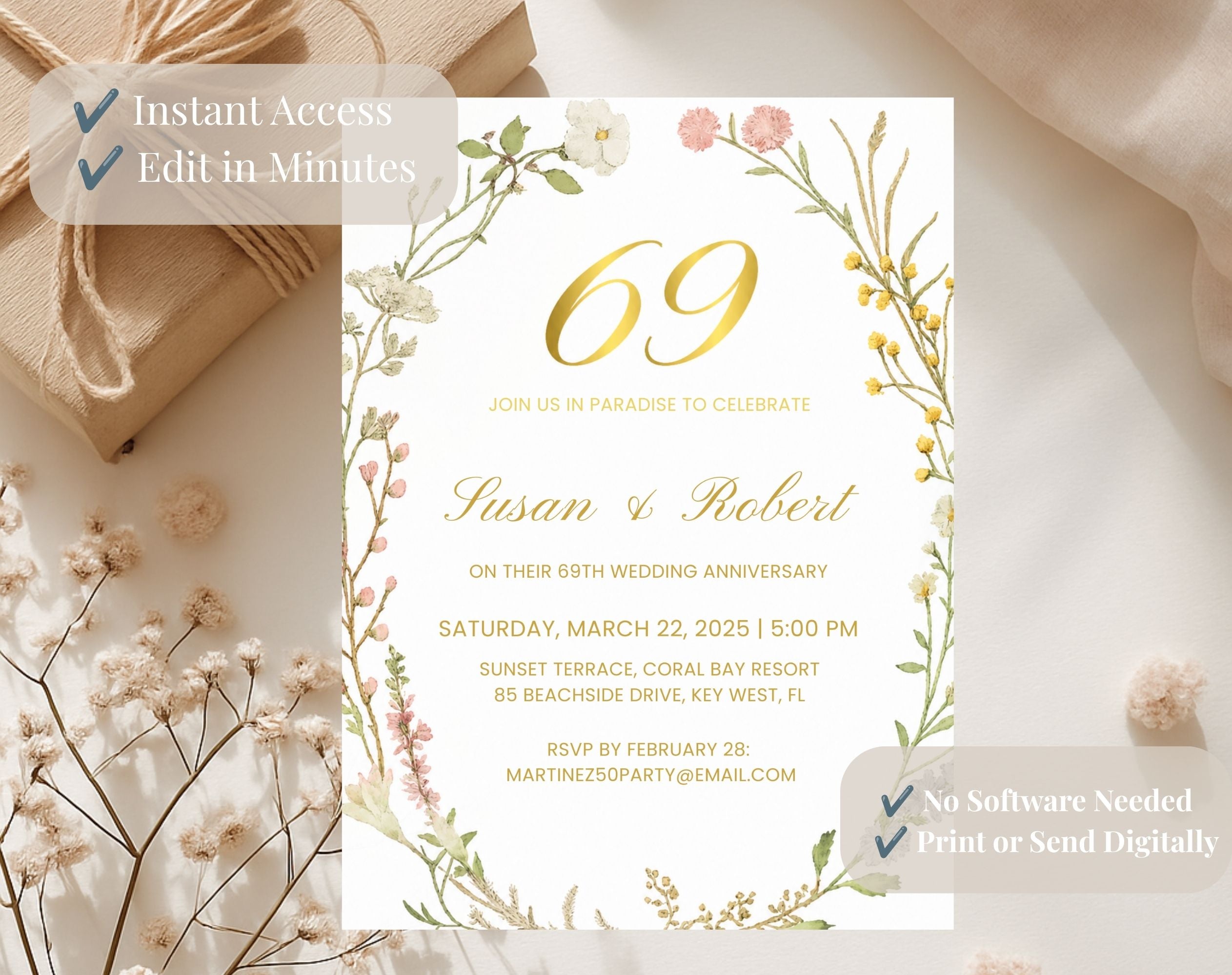 69th gold floral Wedding Anniversary Invitation