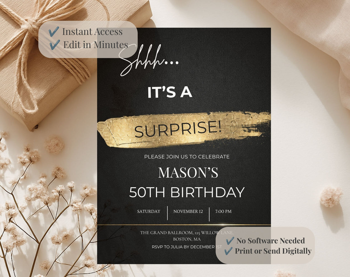 50th Black and Gold Birthday Party Invitation