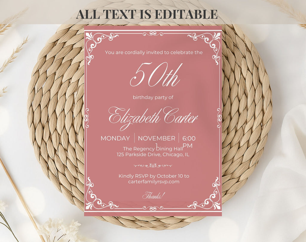Dusty Rose Pink 50th Birthday Invitation