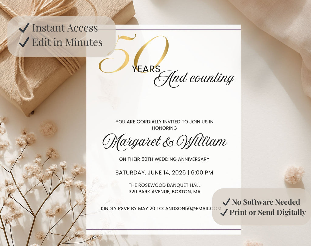 Elegant White Gold 50th Anniversary Invitation