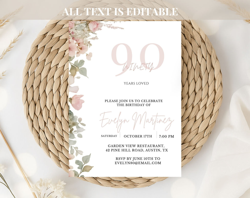 Blush Pink and Green Floral  90th Birthday Invitation
