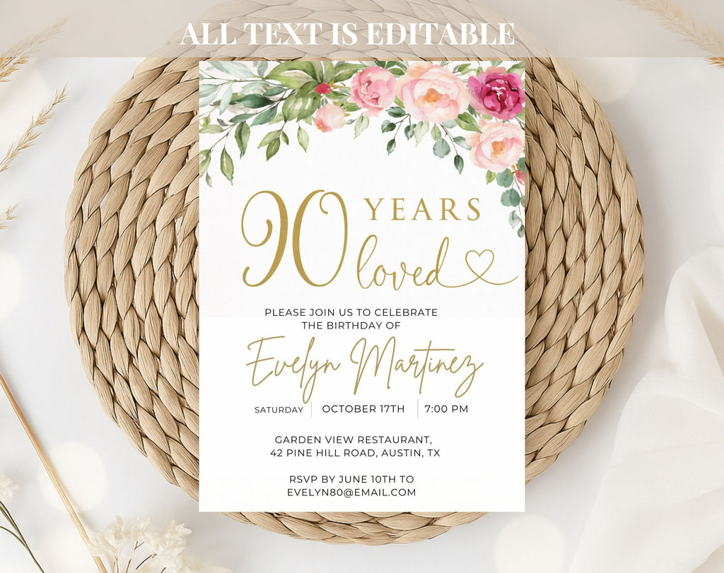Gold Floral 90th Birthday Invitation