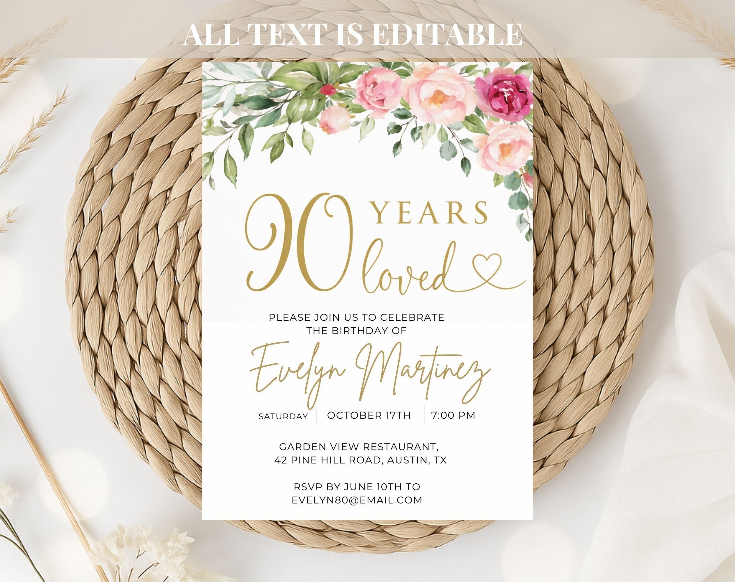 Gold Floral 90th Birthday Invitation
