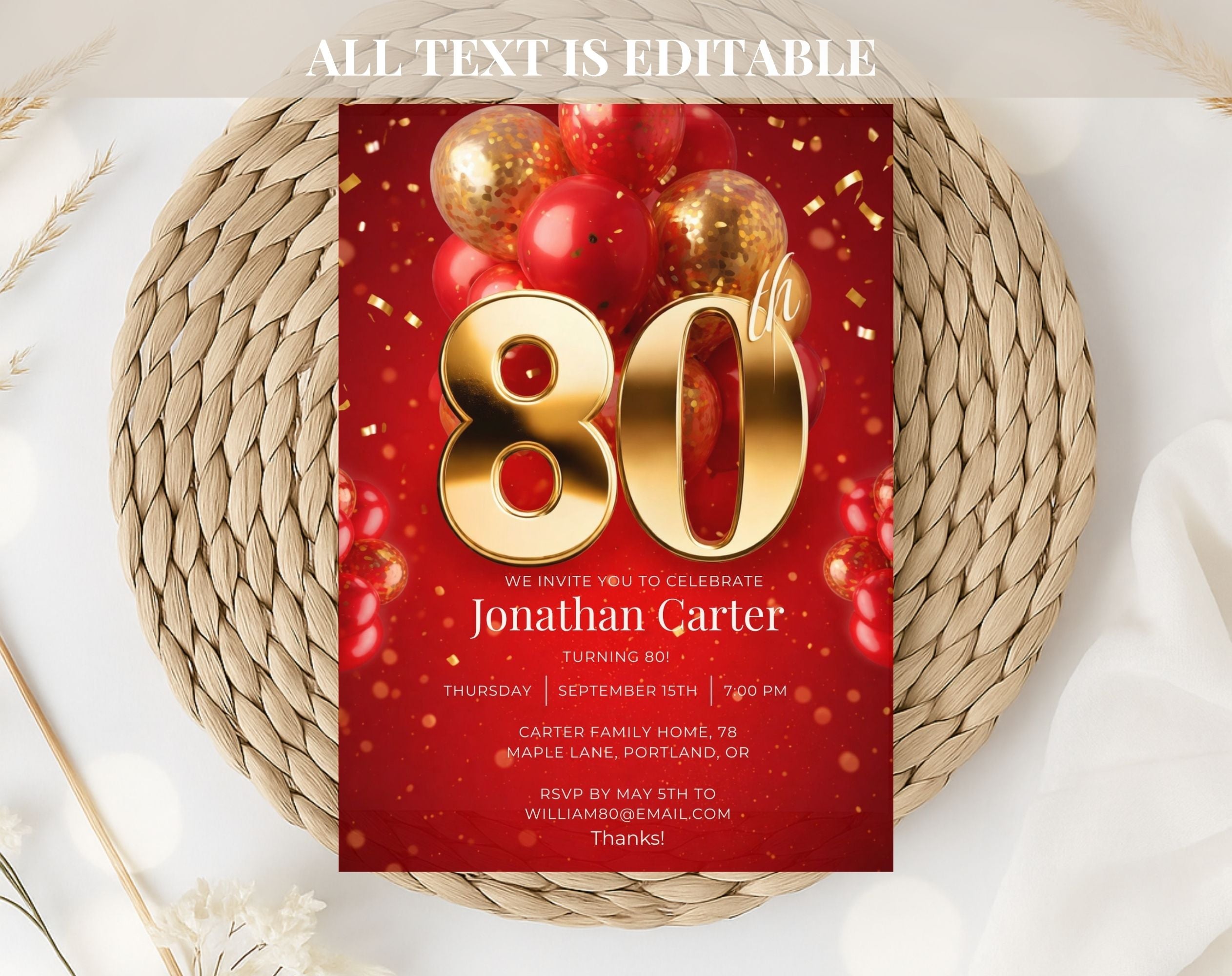 Red Gold 80th Birthday Invitation