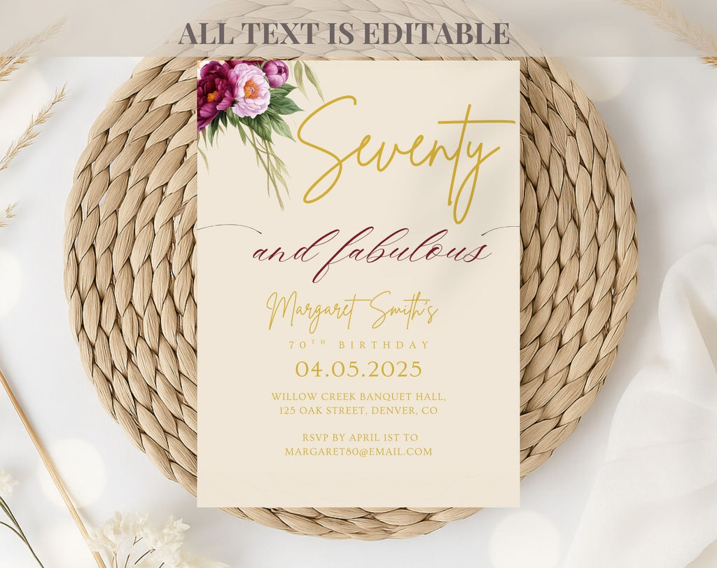 Beige Floral Elegant 70th Birthday Invitation