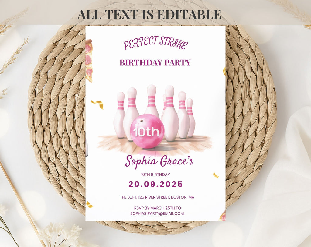 Girls Pink Bowling 10th Birthday Invitation