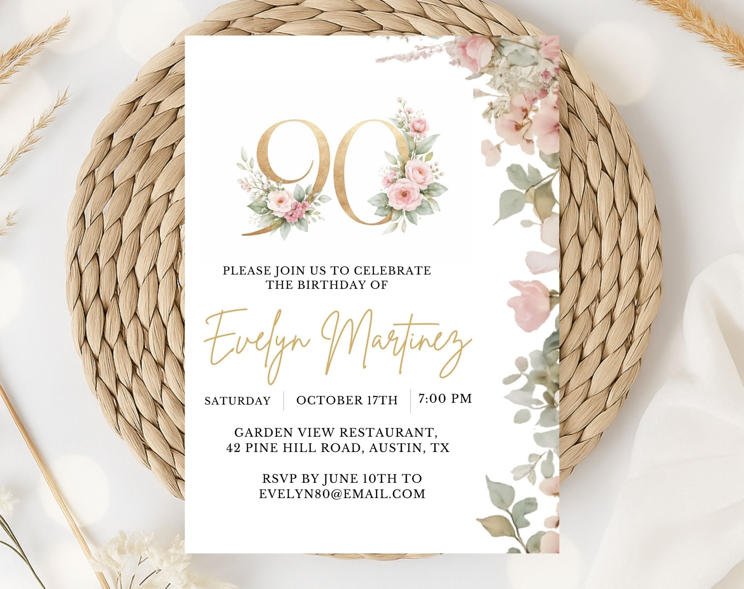 Blush Pink and Gold Floral 90th Birthday Invitation