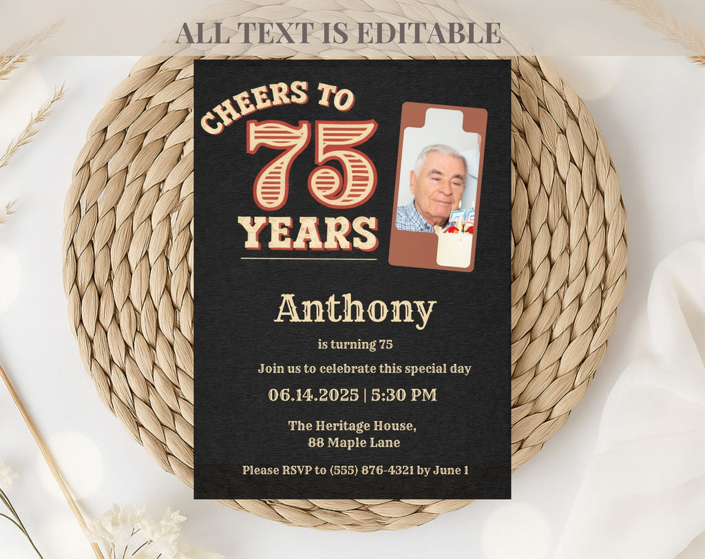 Vintage Black 75th Birthday Invitation
