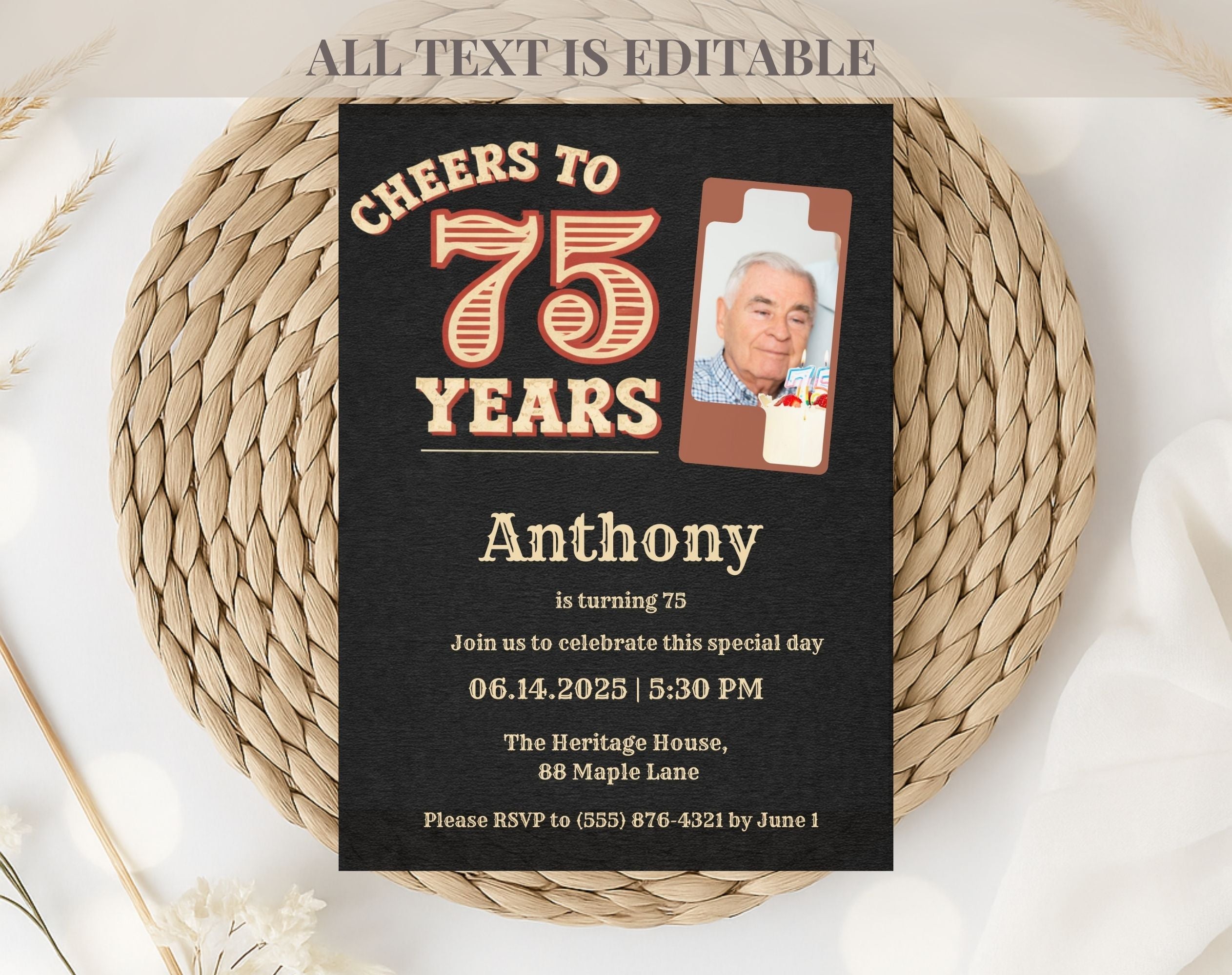 Vintage Black 75th Birthday Invitation