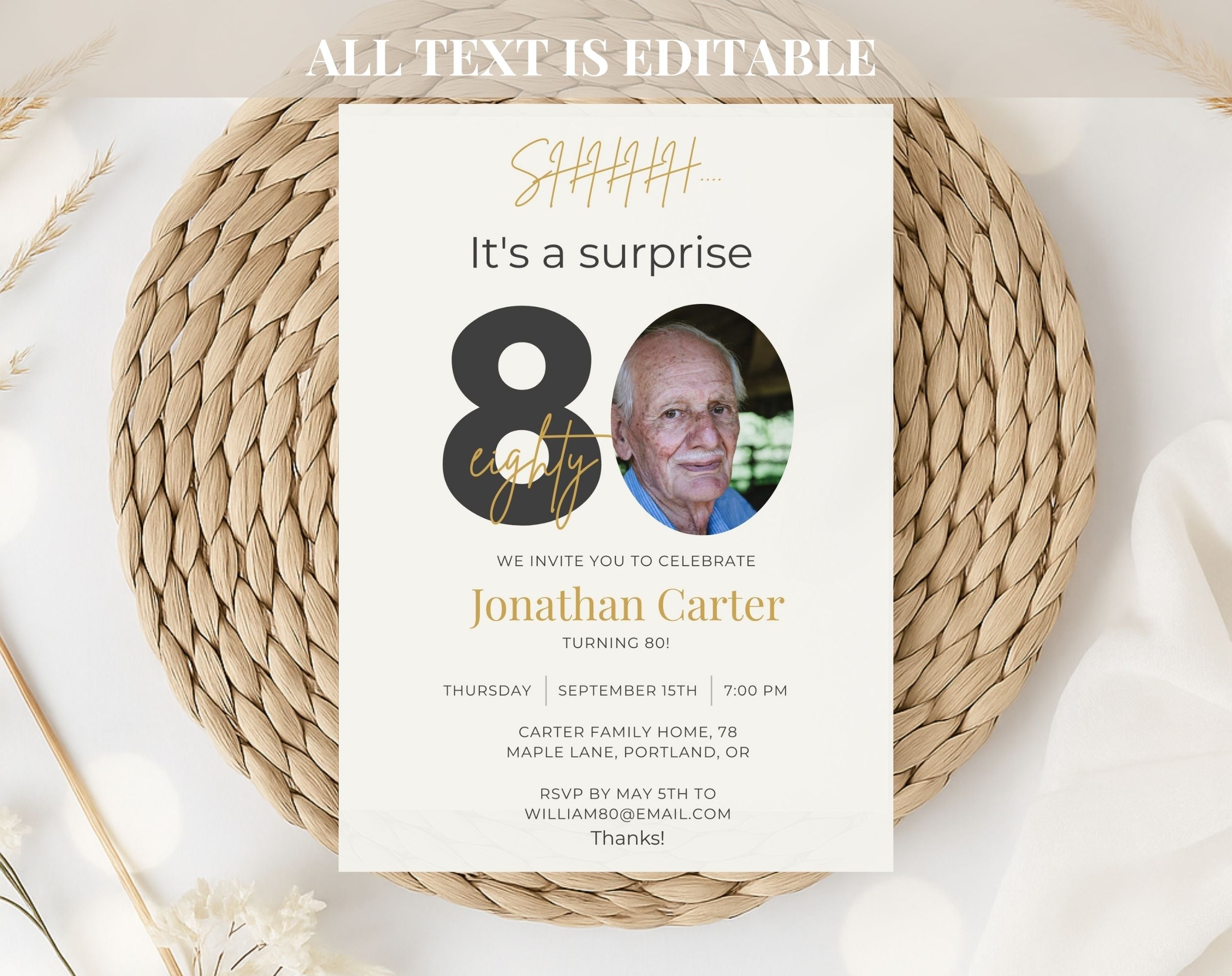 Beige 80th Birthday Invitation