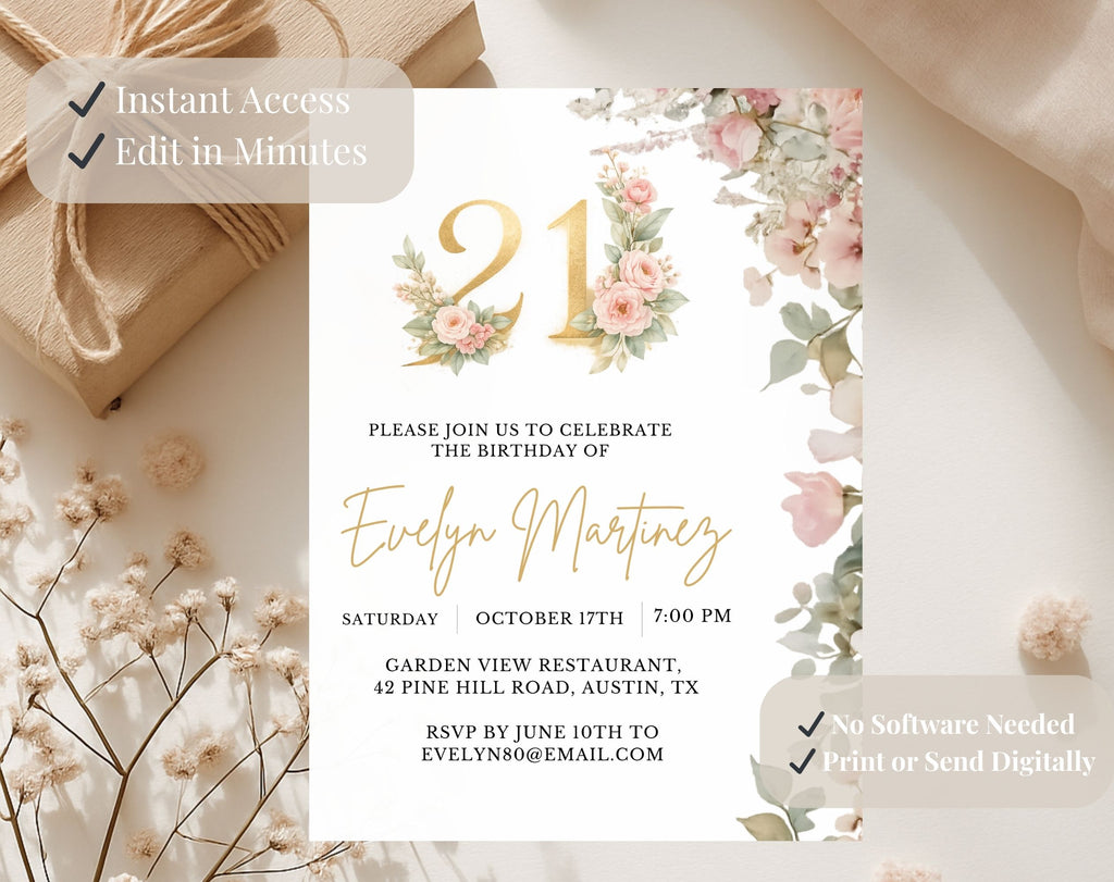 Elegant Floral 21st Birthday Invitation