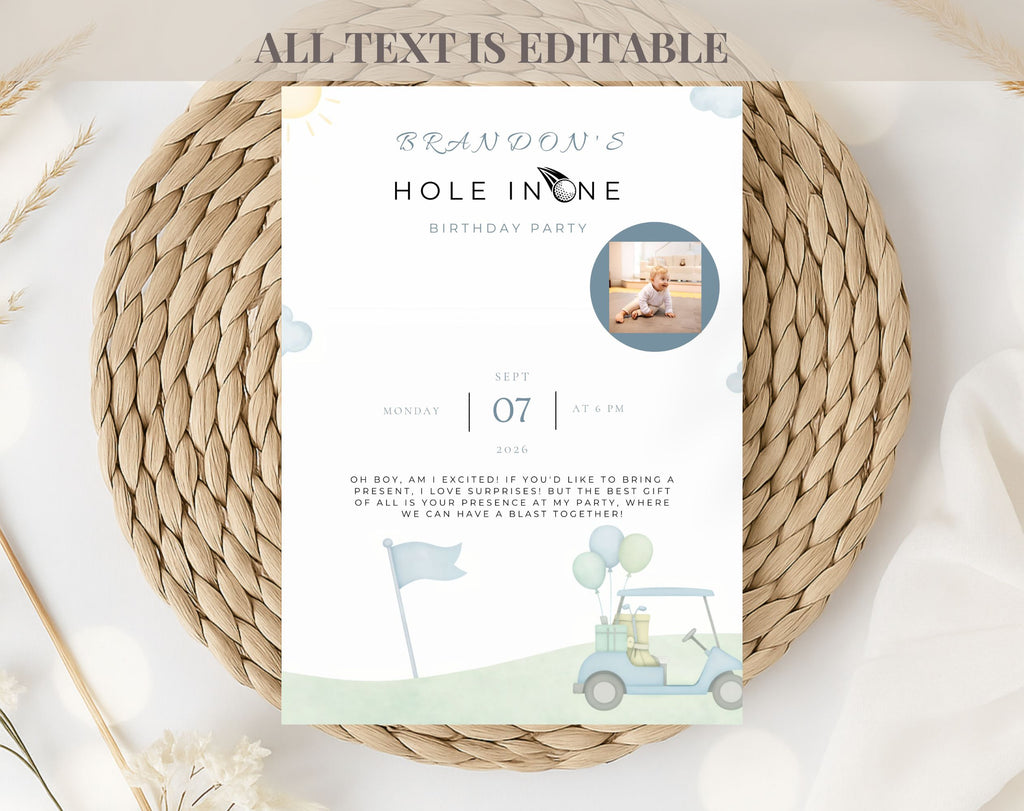 Blue and Green Hole in One Golf First Birthday Invitation