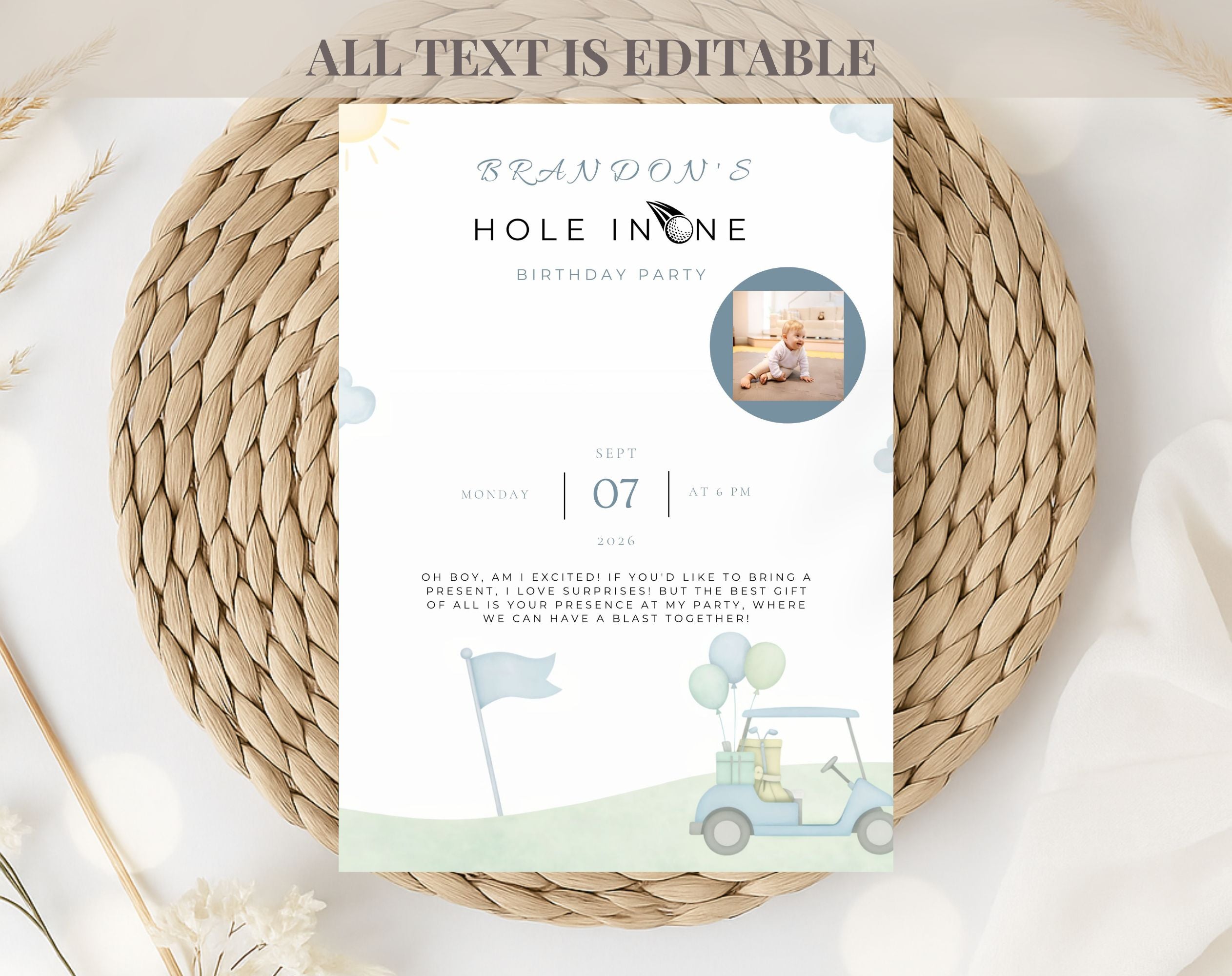 Blue and Green Hole in One Golf First Birthday Invitation