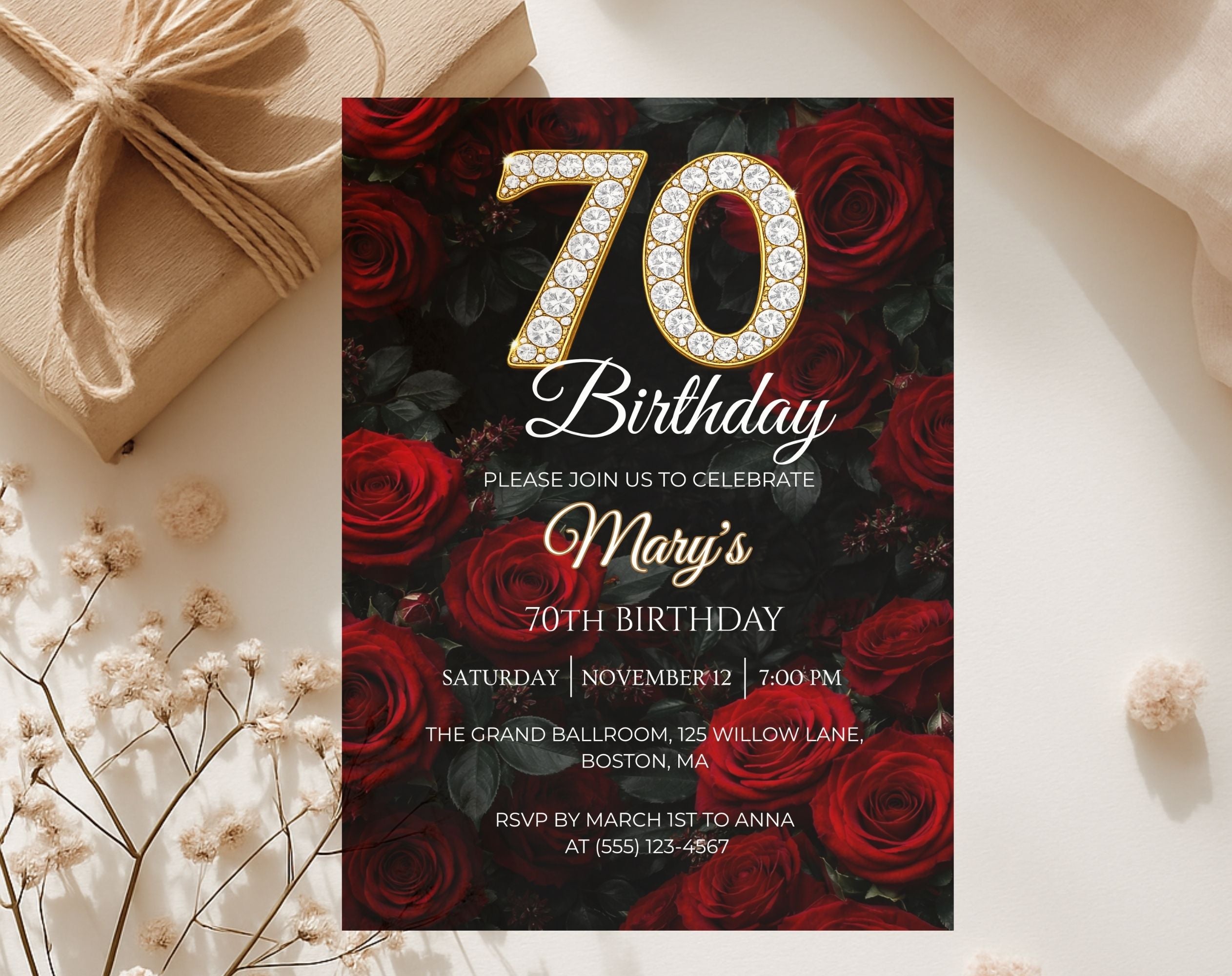 Luxury Red Rose 70th Birthday Invitation