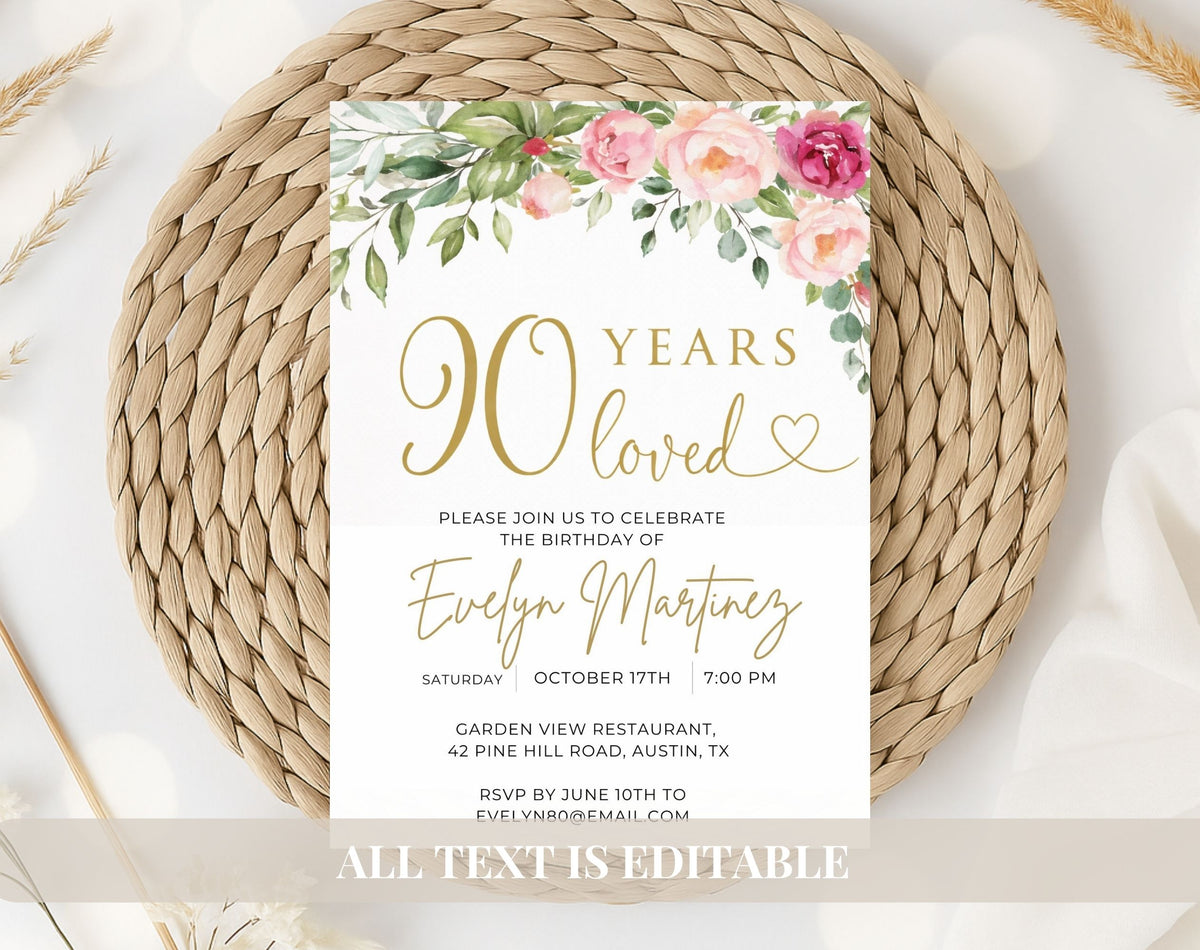 Gold Floral 90th Birthday Invitation