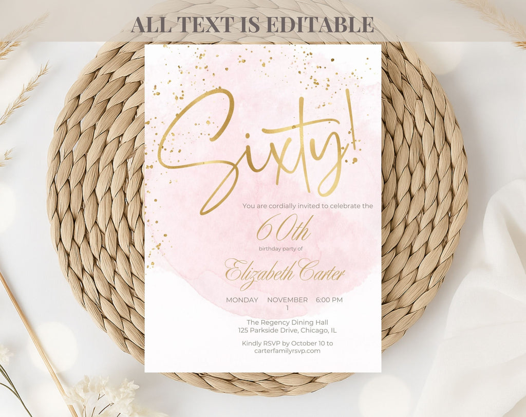 Elegant Blush Pink Golden 60th Birthday Invitation