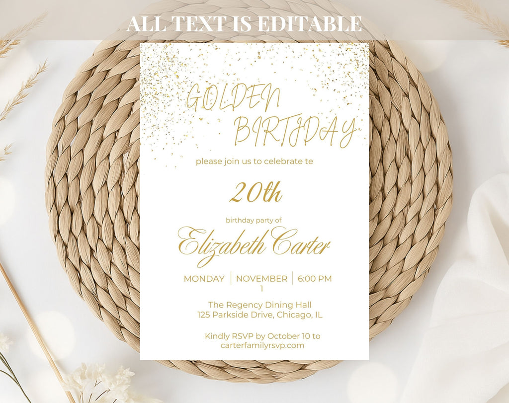 White and Gold 20th Birthday Invitation