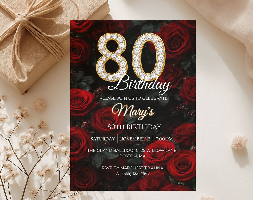 Luxury Red Rose 80th Birthday Invitation