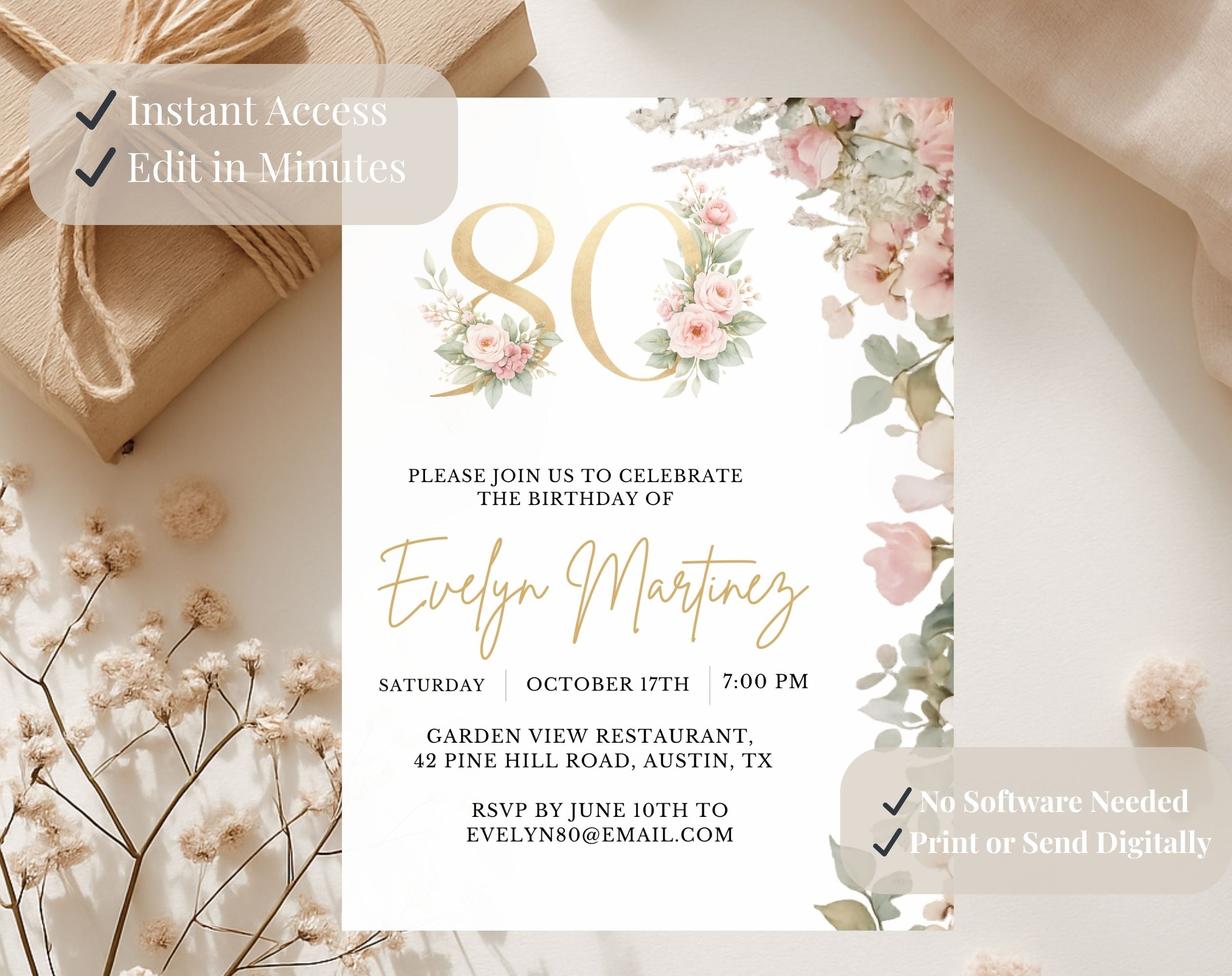 Floral 80th Birthday Invitation
