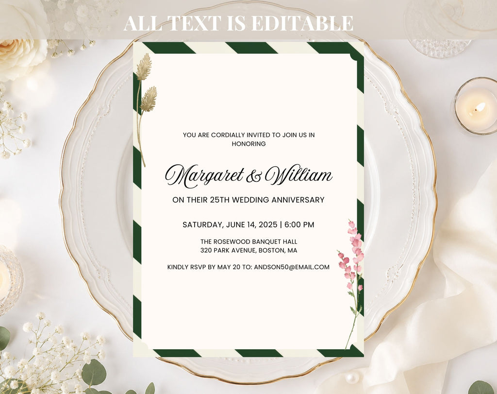 Elegant Green White 25th Anniversary Invitation