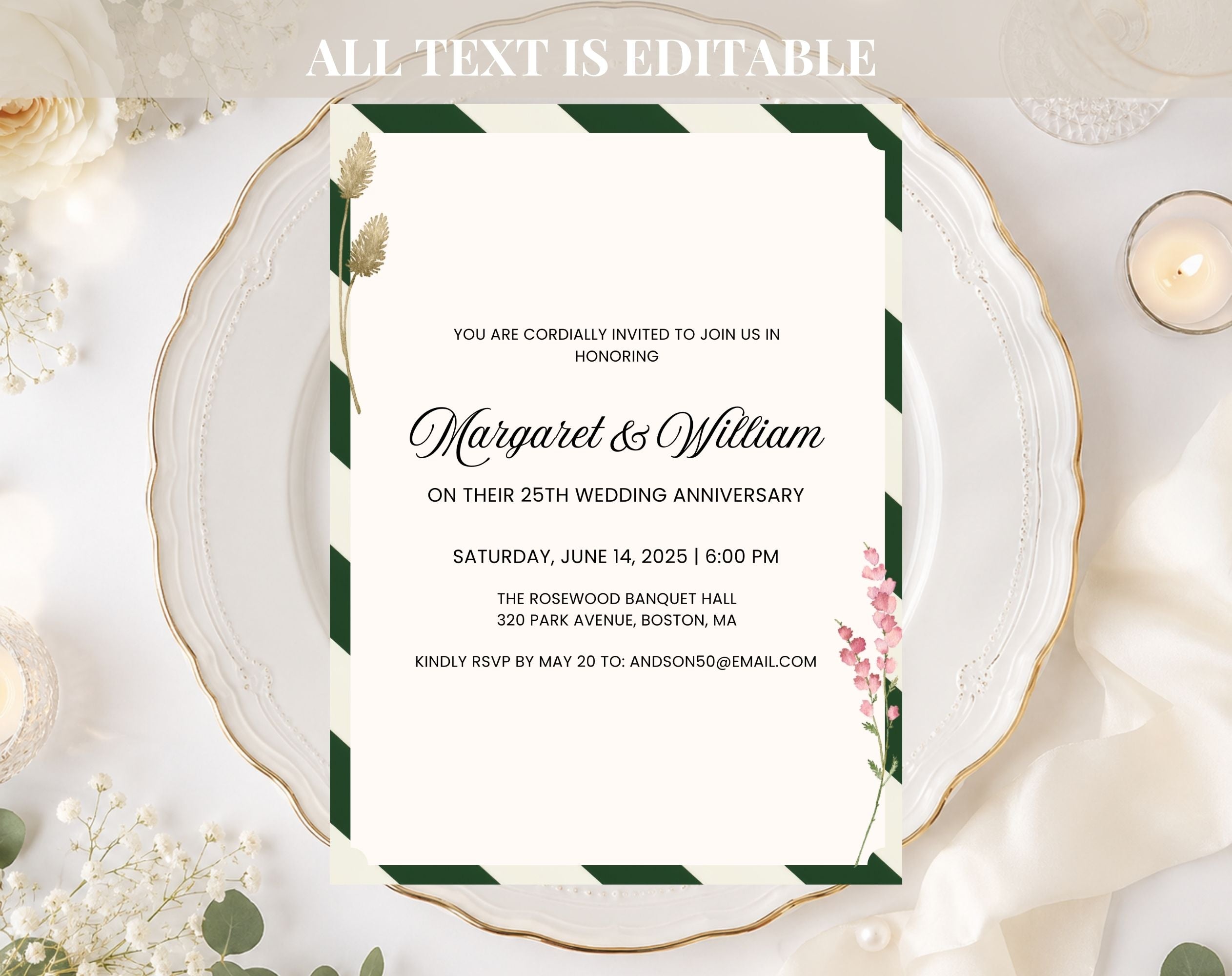 Elegant Green White 25th Anniversary Invitation