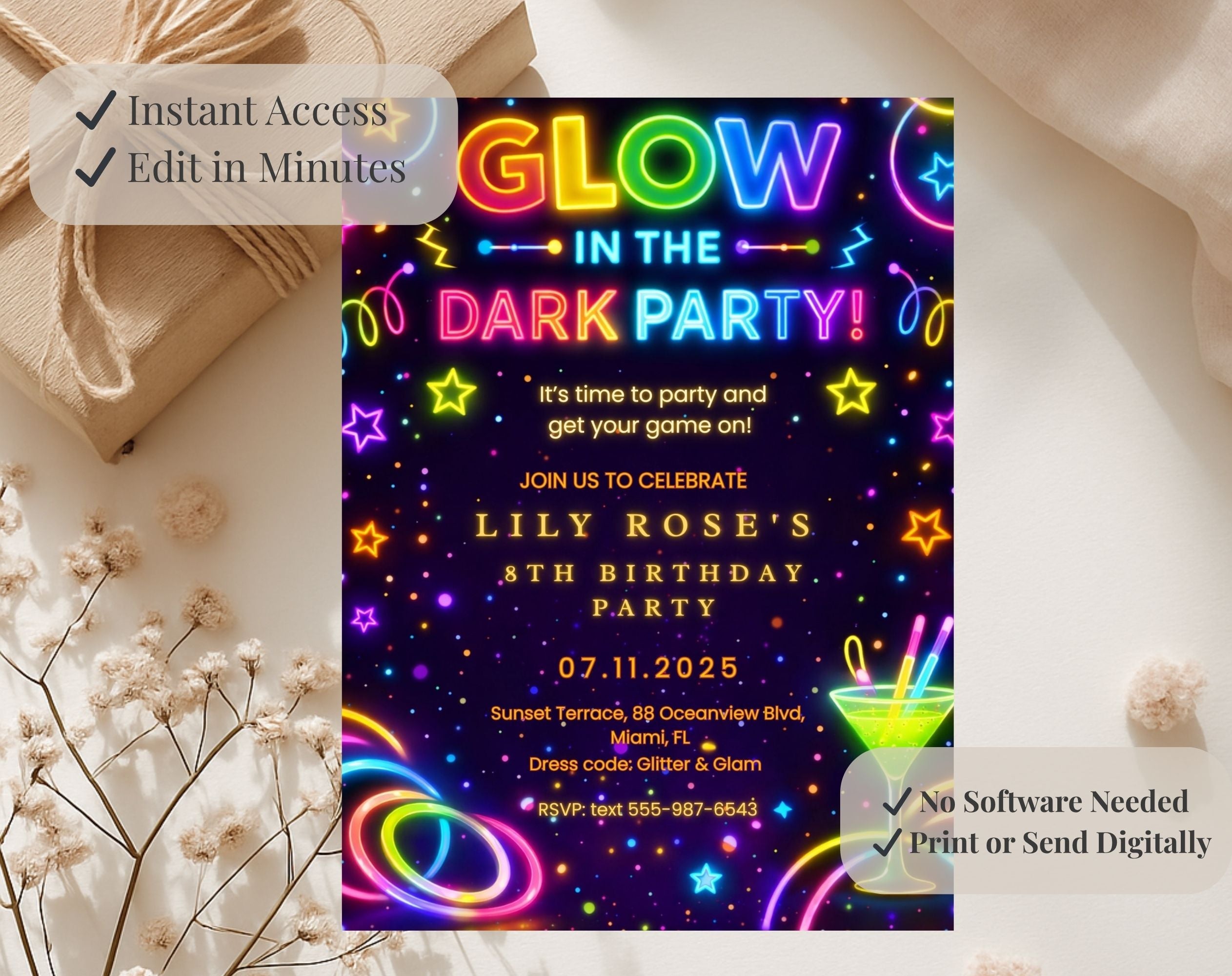 Neon Glow 8th Birthday Invitation