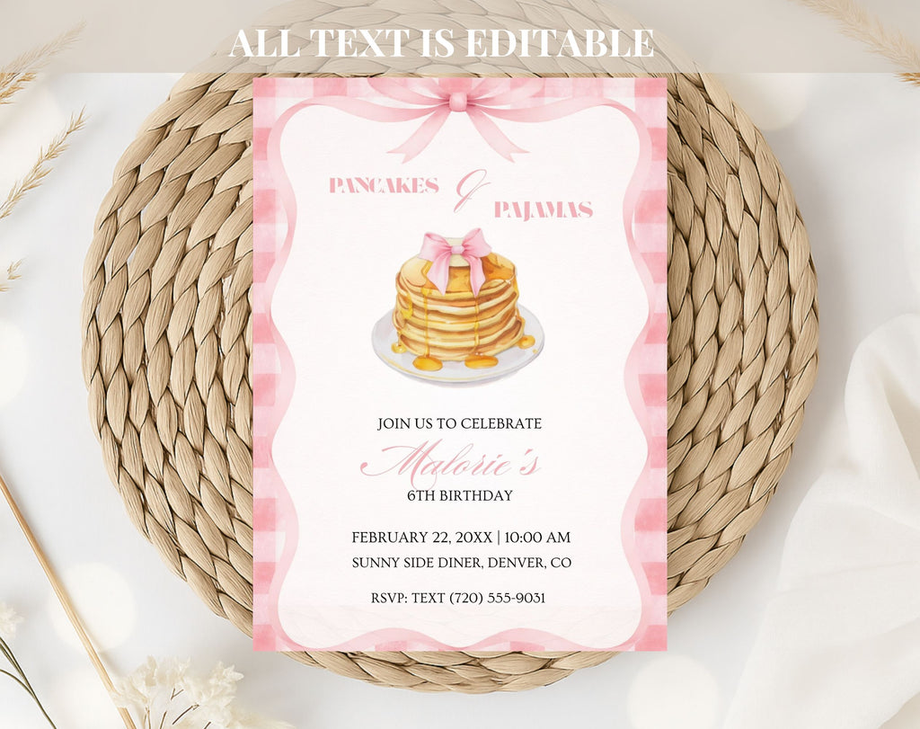 Pink Pancakes and Pajamas 6th Birthday Invitation