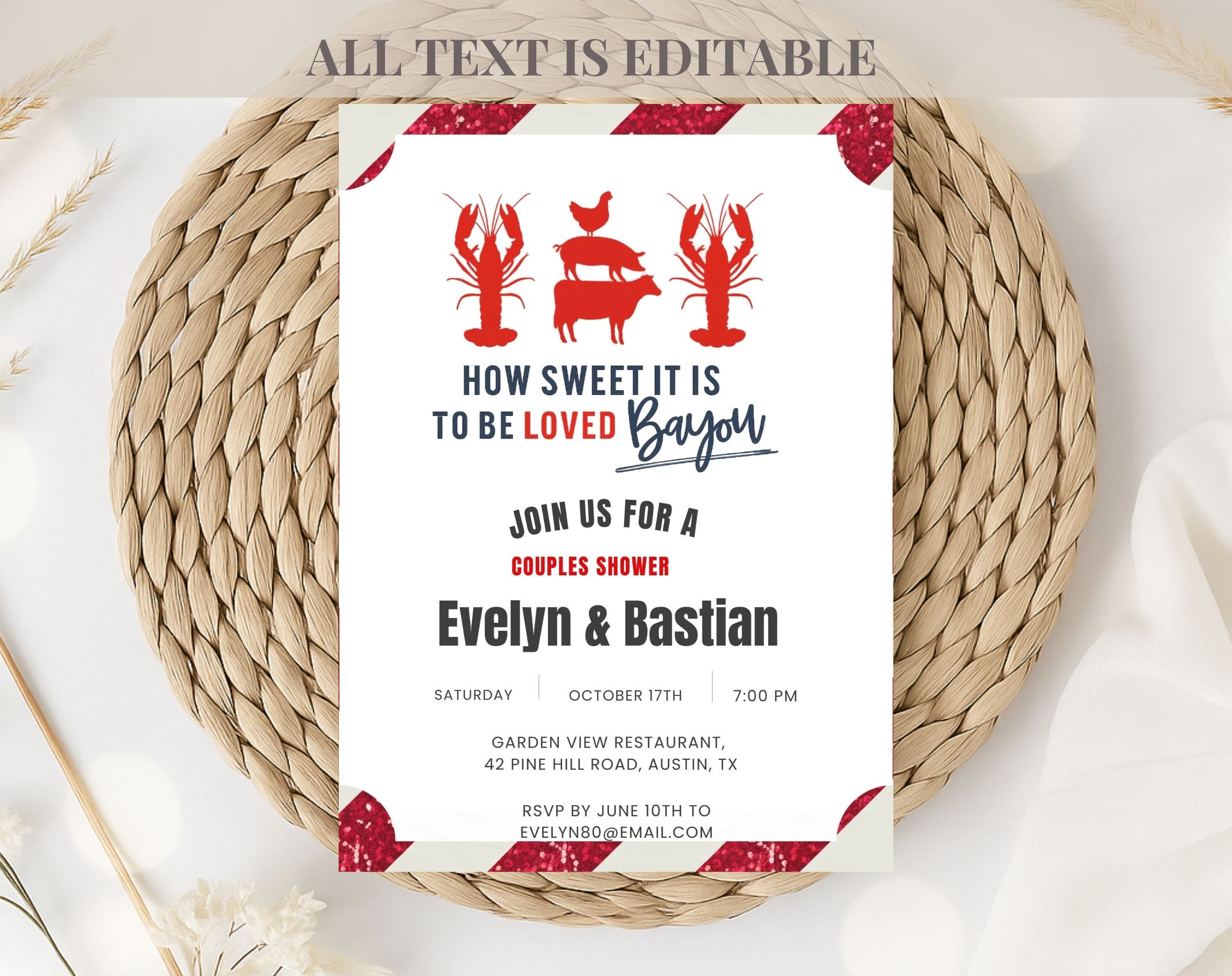 Red and White Bayou Couples Shower Invitation