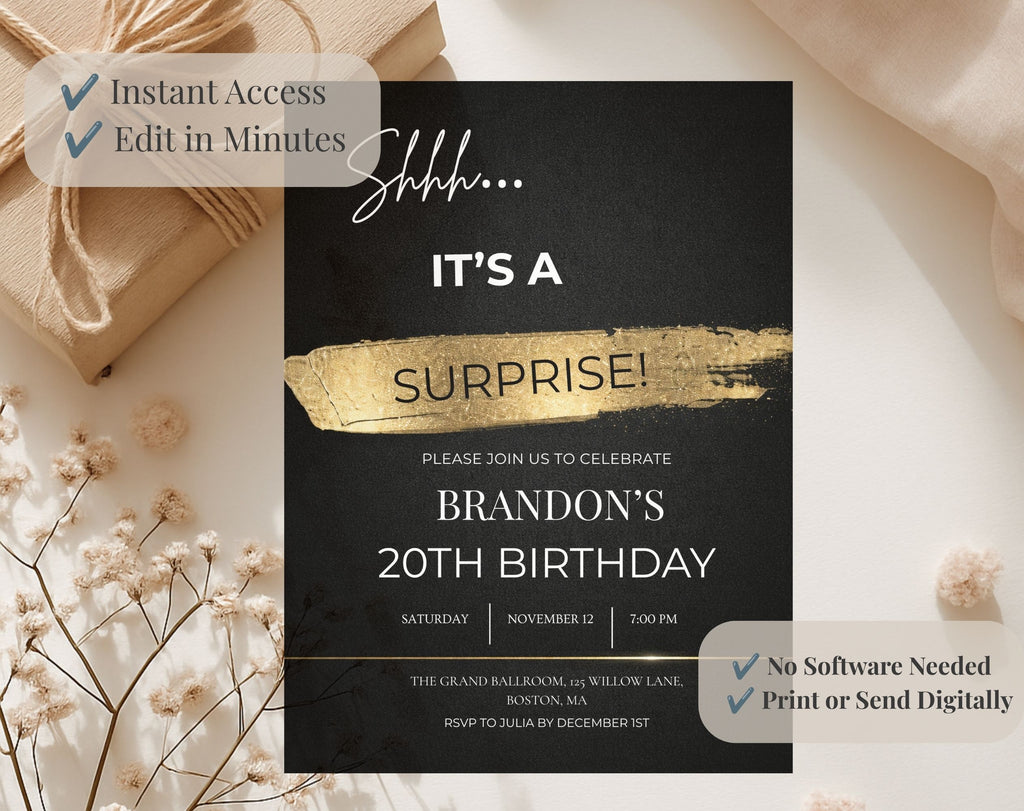 20th gold black Birthday Party Invitation