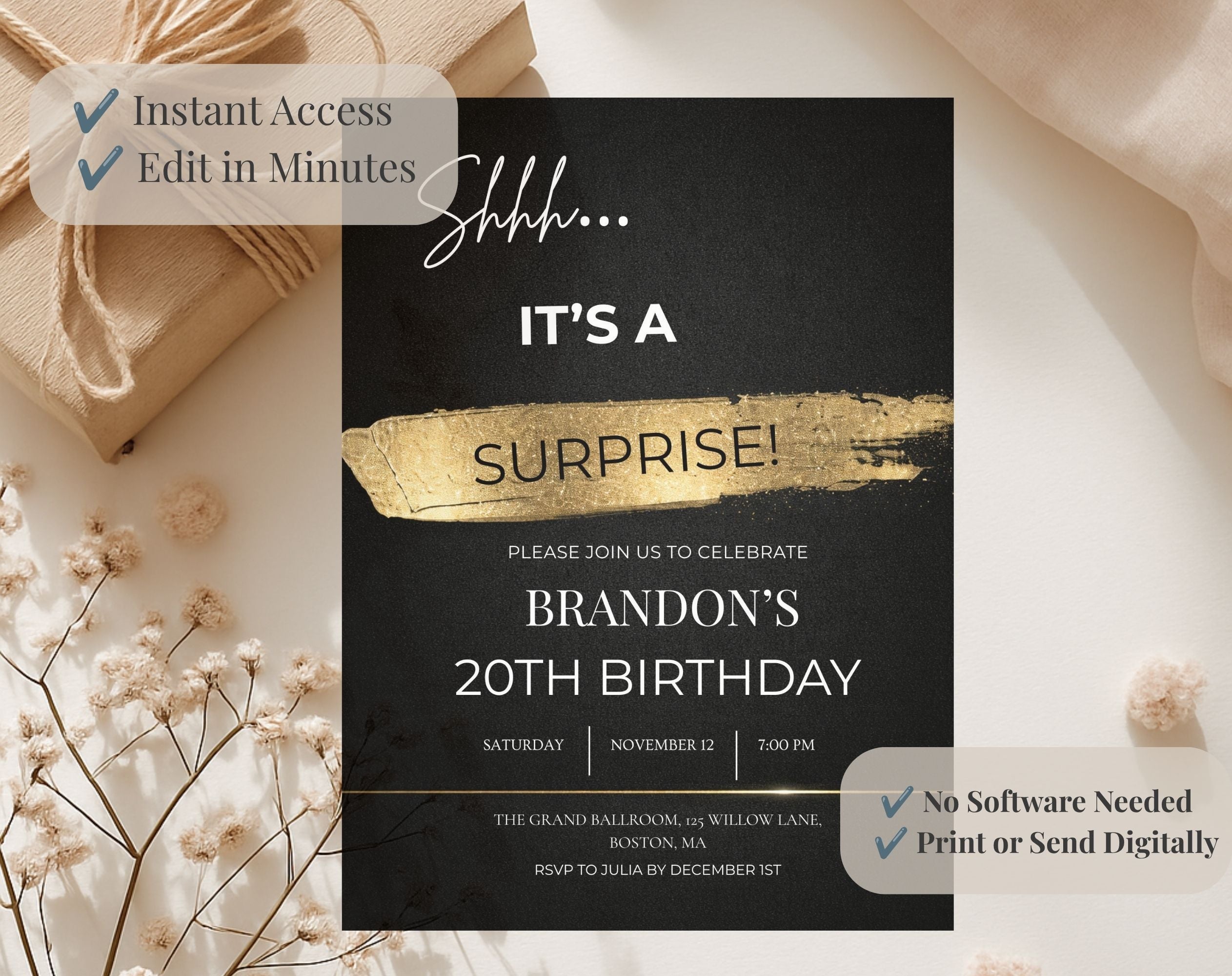 20th gold black Birthday Party Invitation