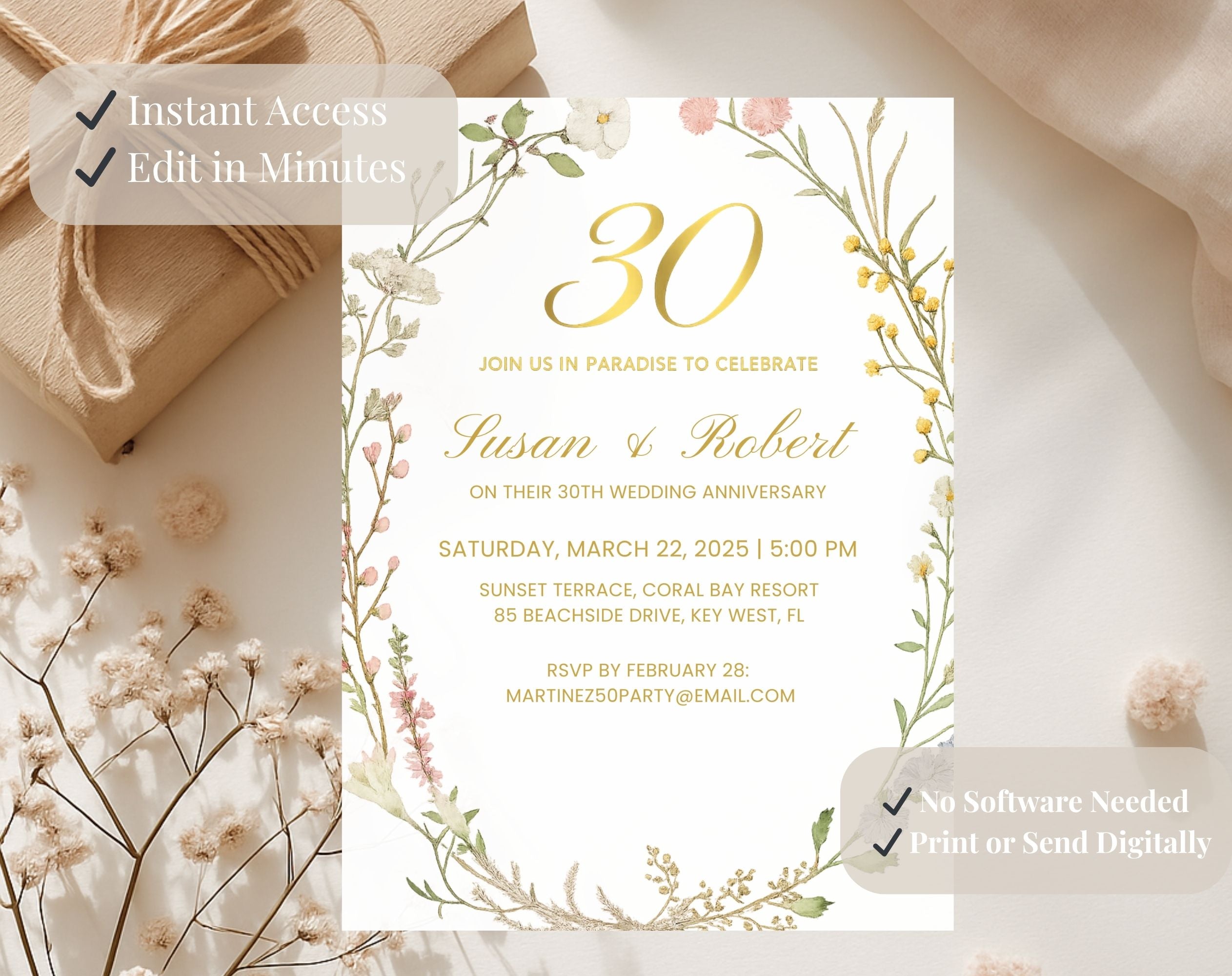 Elegant Floral 30th Wedding Anniversary Invitation