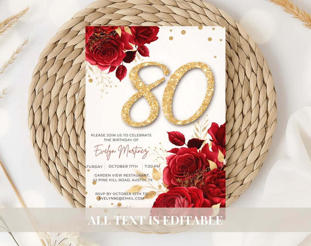 Elegant Floral Red and Gold 80th Birthday Invitation