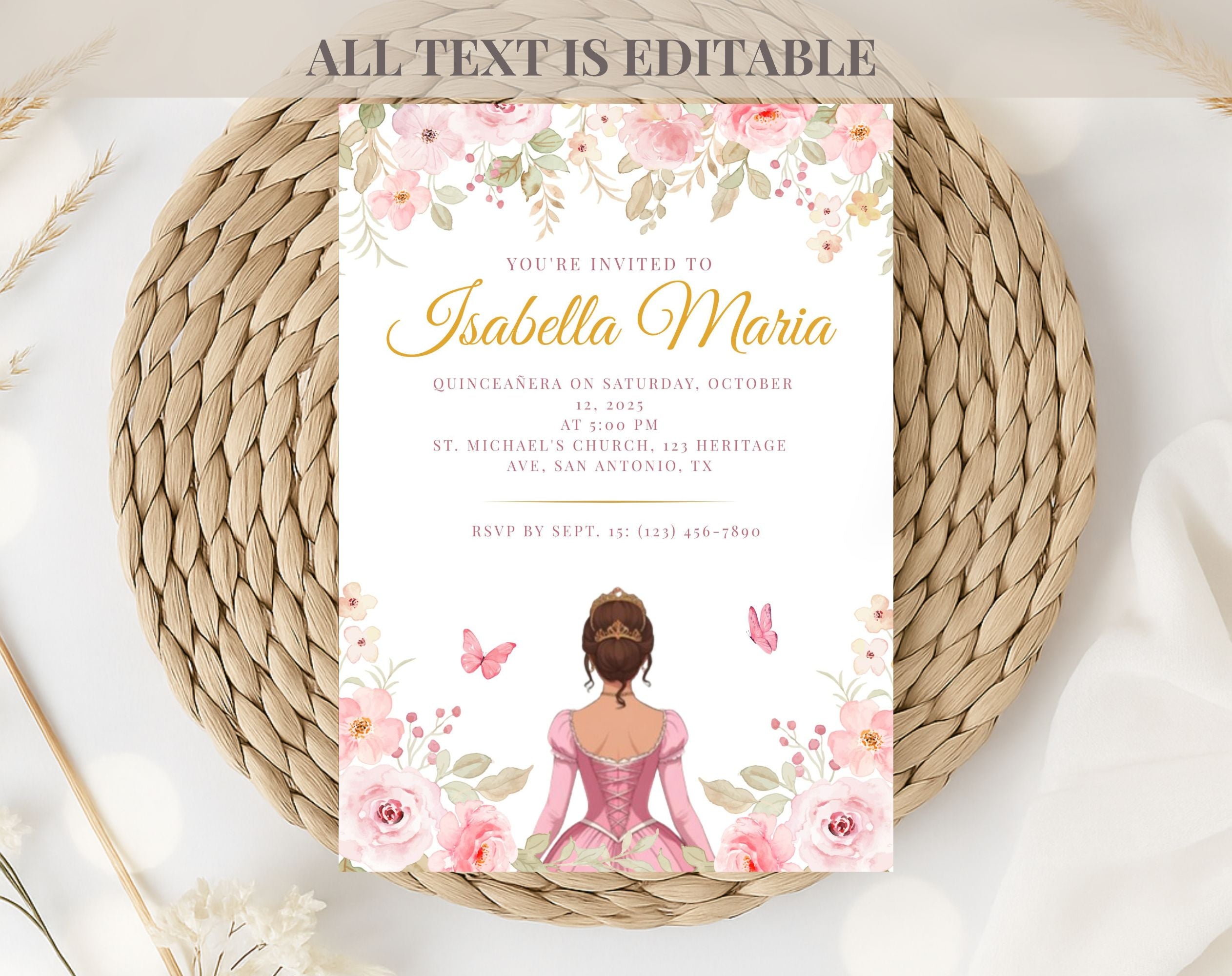Pink and Gold Quinceañera Sweet 15 Birthday Invitation