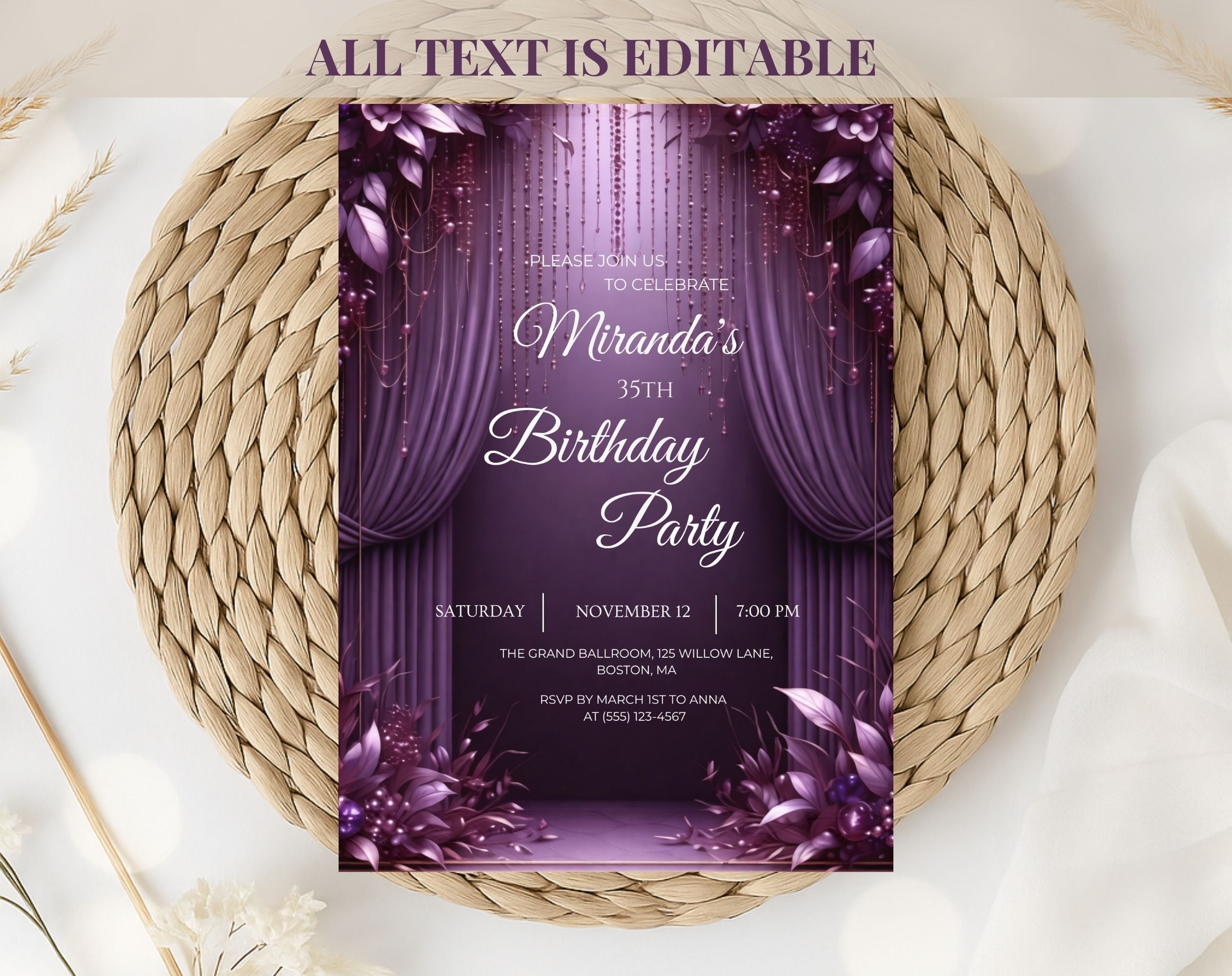 Luxury Purple 35th Birthday Invitation