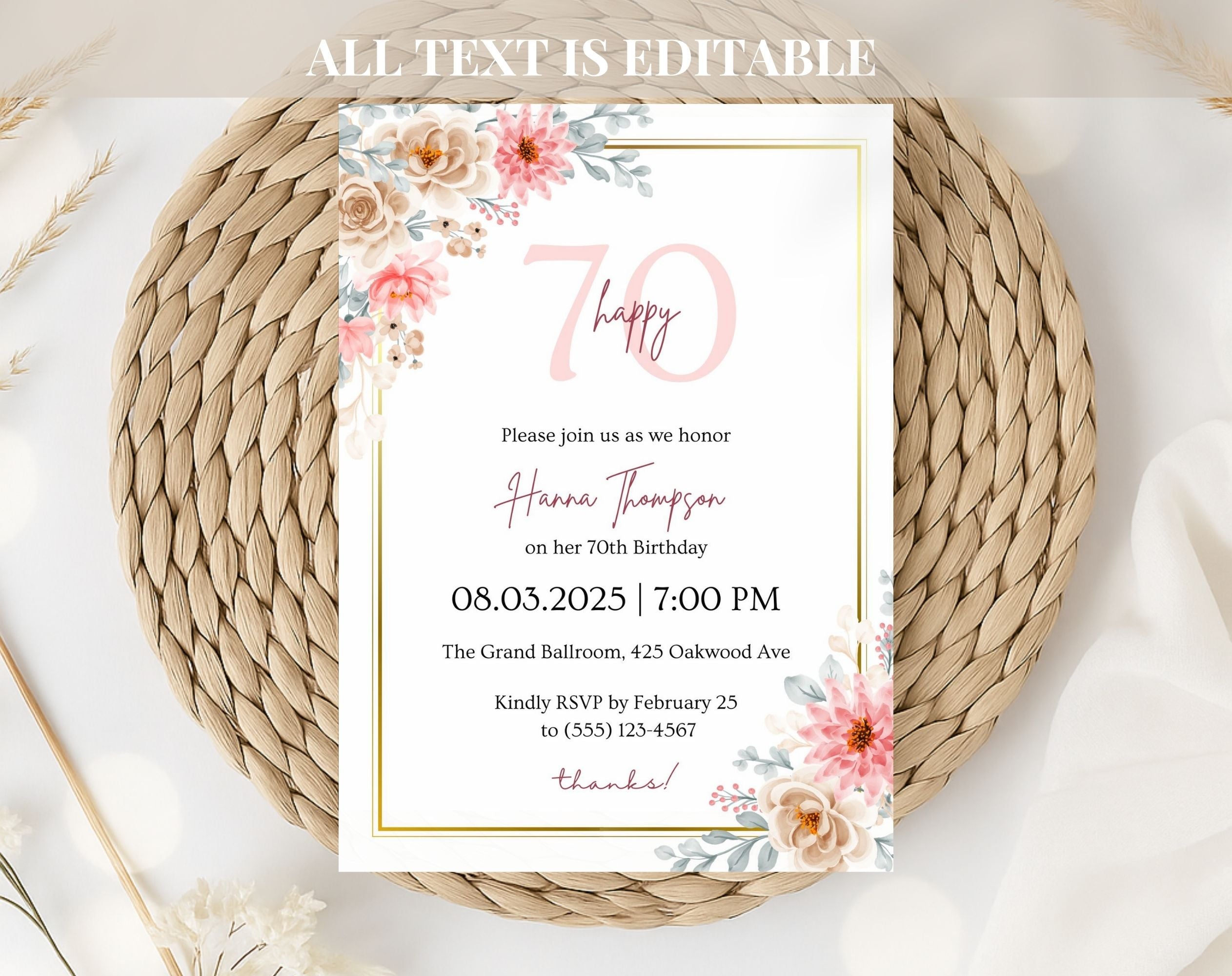 Pink Floral 70th Birthday Invitation