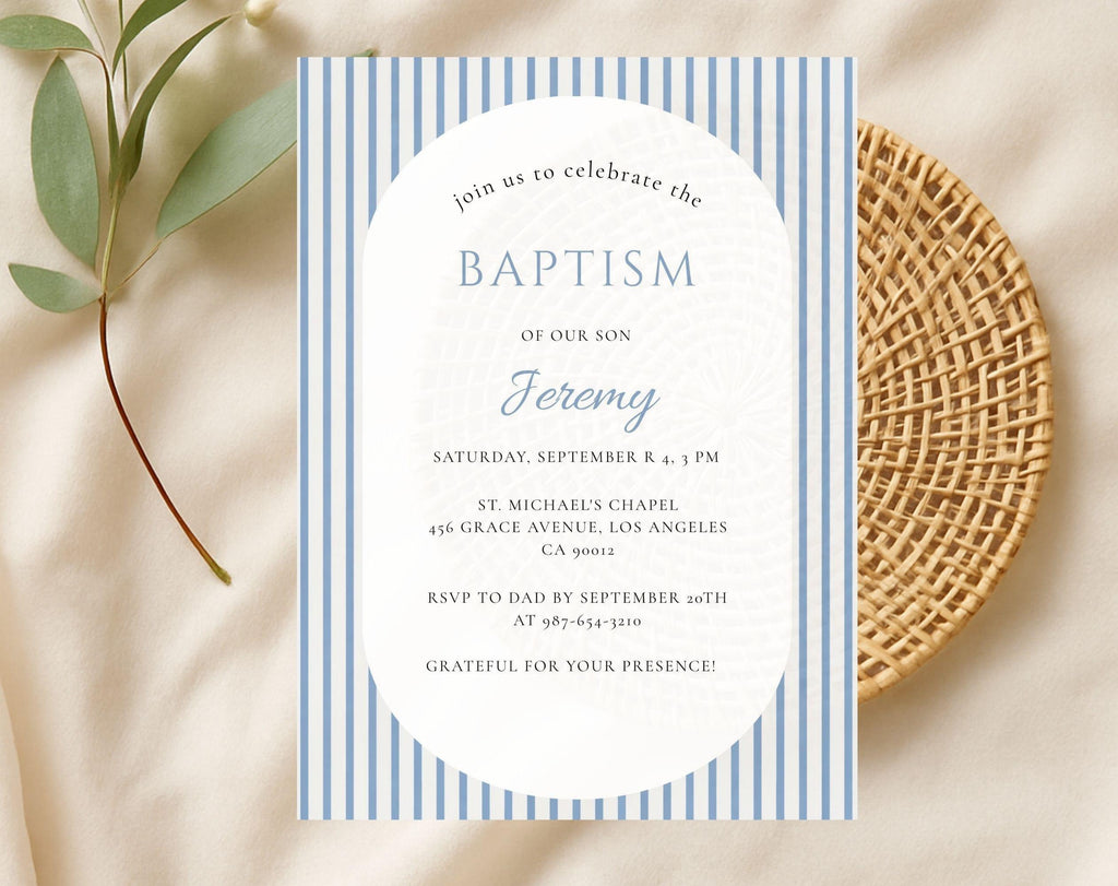 Classic Blue Striped Baptism Invitation