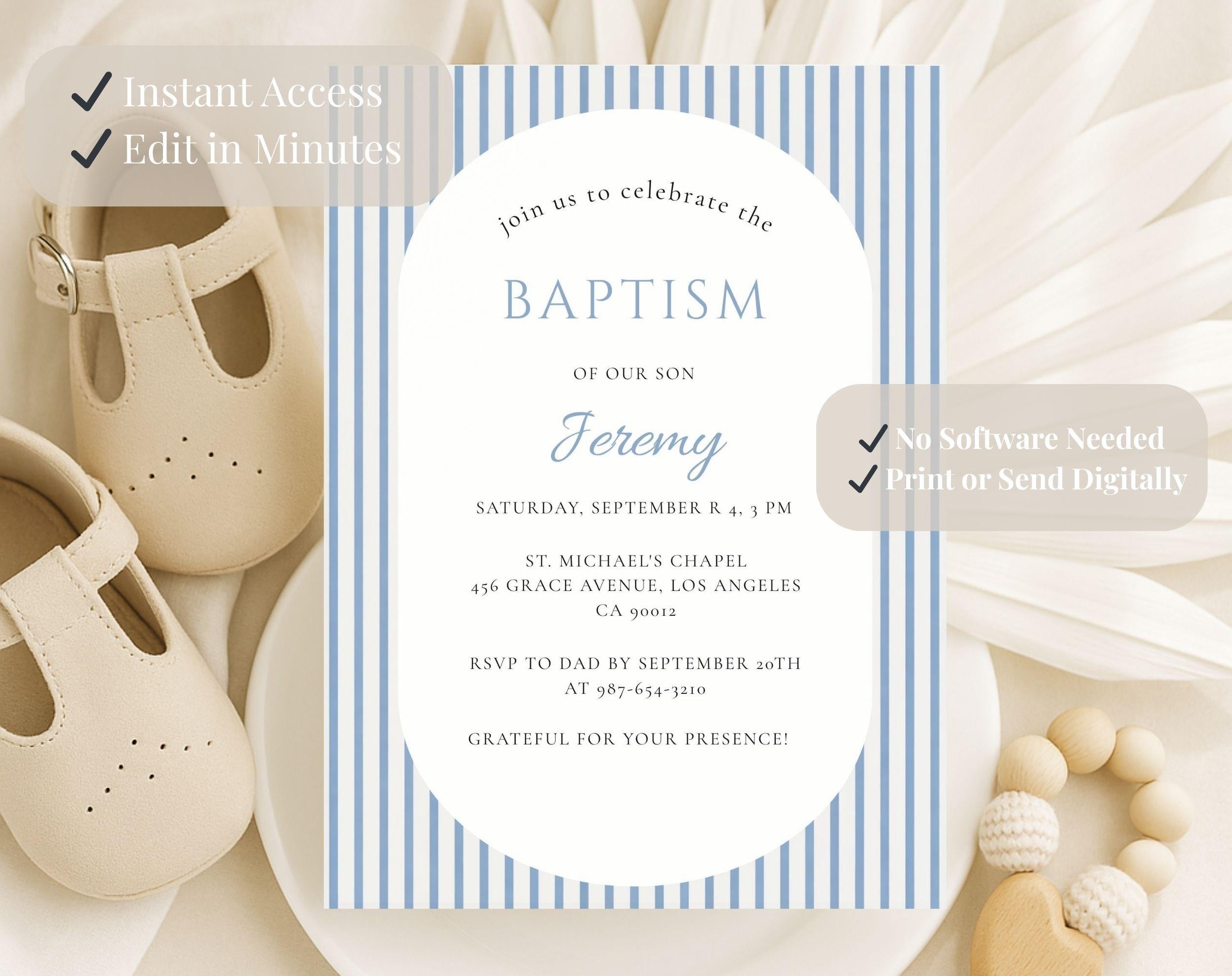 Classic Blue Striped Baptism Invitation