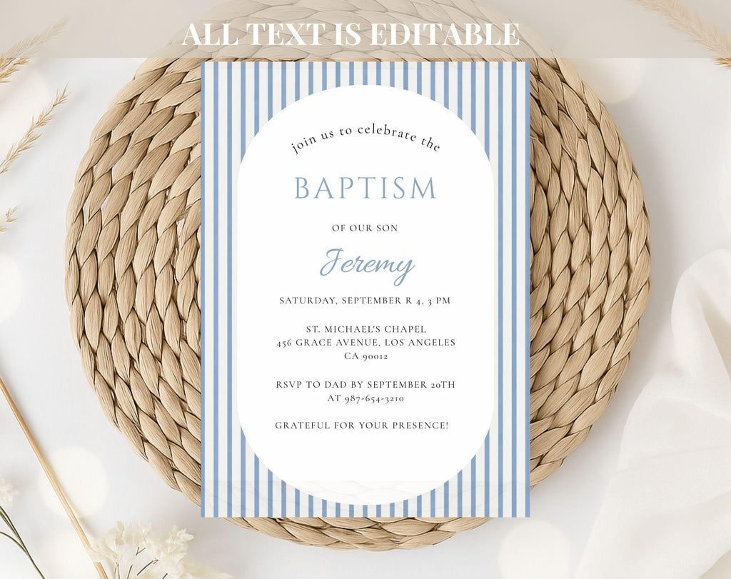 Classic Blue Striped Baptism Invitation