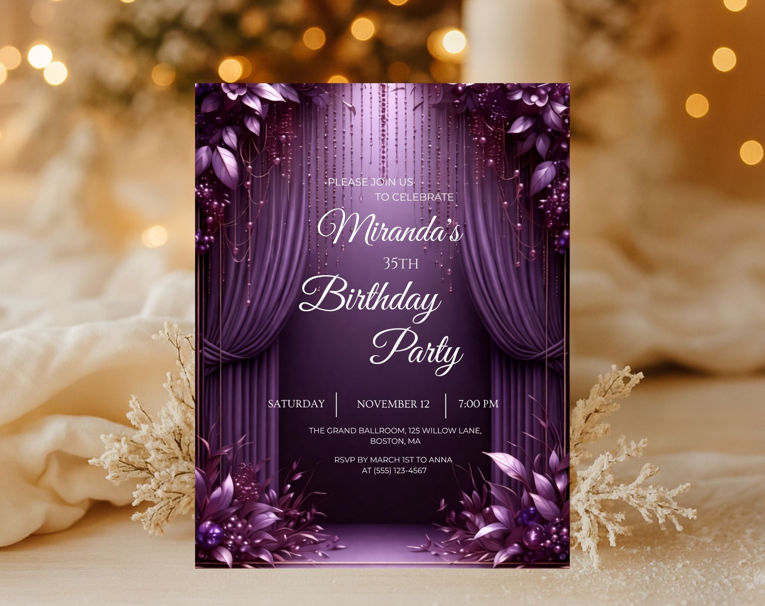 Luxury Purple 35th Birthday Invitation
