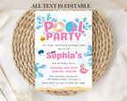 Pink Blue Pool Party 10th birthday Invitation