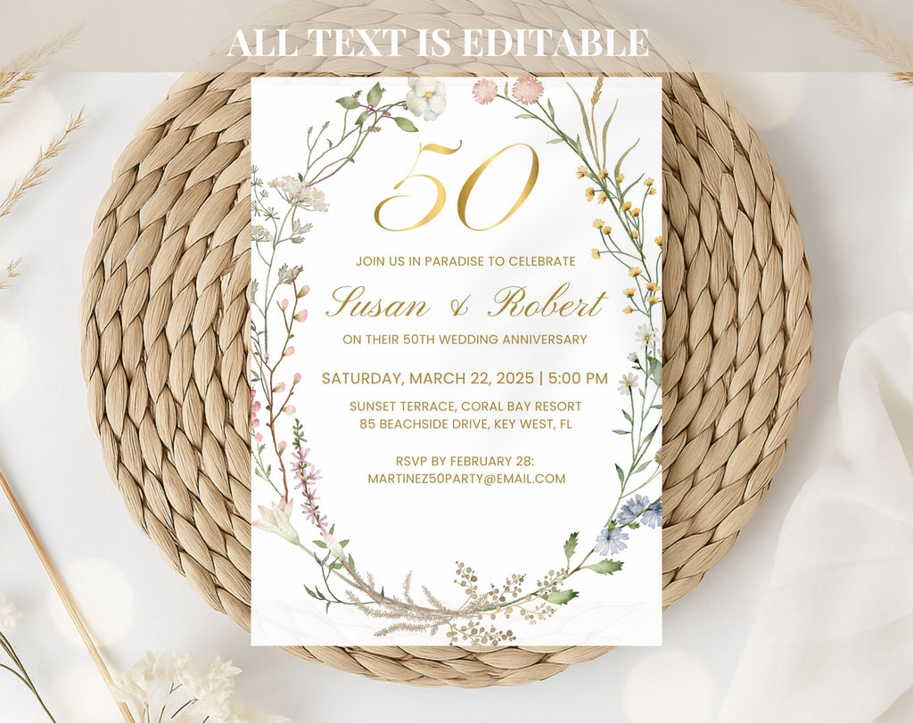 White Floral 50th Anniversary Invitation