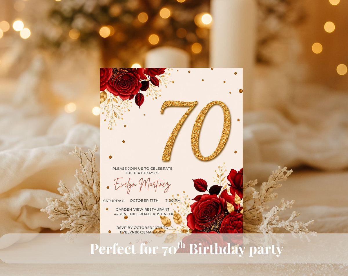 Elegant Red Rose 70th Birthday Invitation