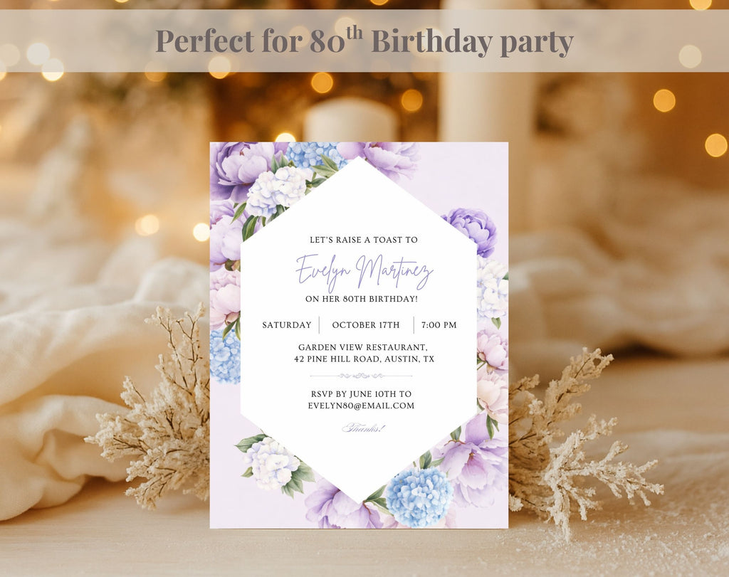 Elegant Purple Floral 80th Birthday Invitation